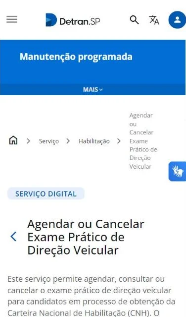 Página do Detran-SP para agendar o exame prático